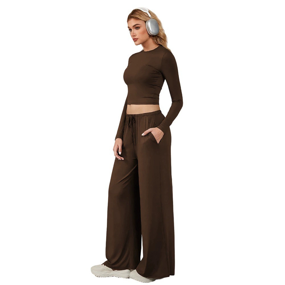 ZARA Relaxed Brown Long Sleeve Crop Top Wide Leg Pants 2-Piece Set - Picture 6 of 6